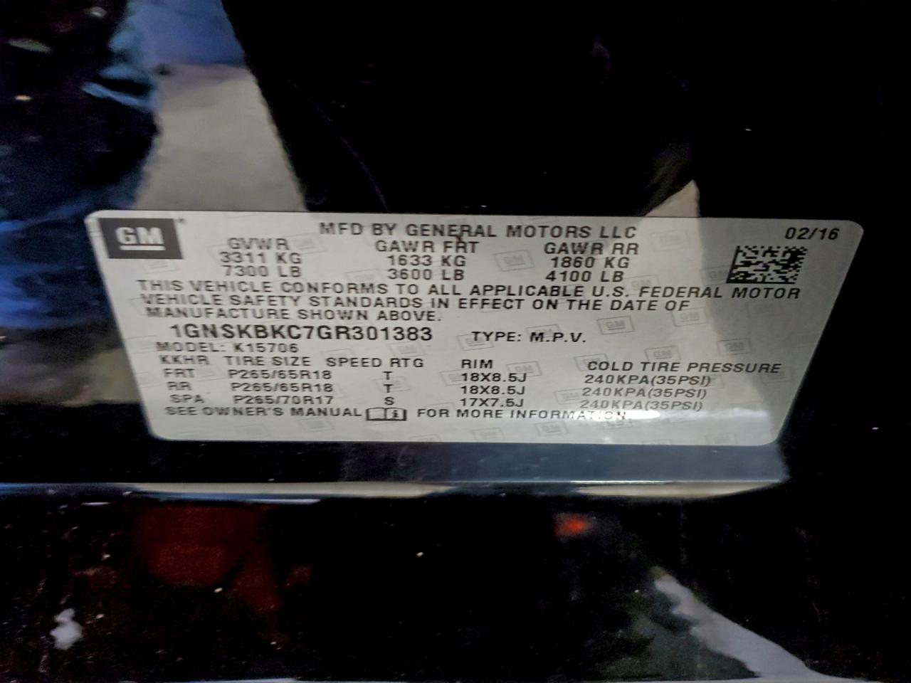 2016 Chevrolet Tahoe K1500 Lt VIN: 1GNSKBKC7GR301383 Lot: 93637405