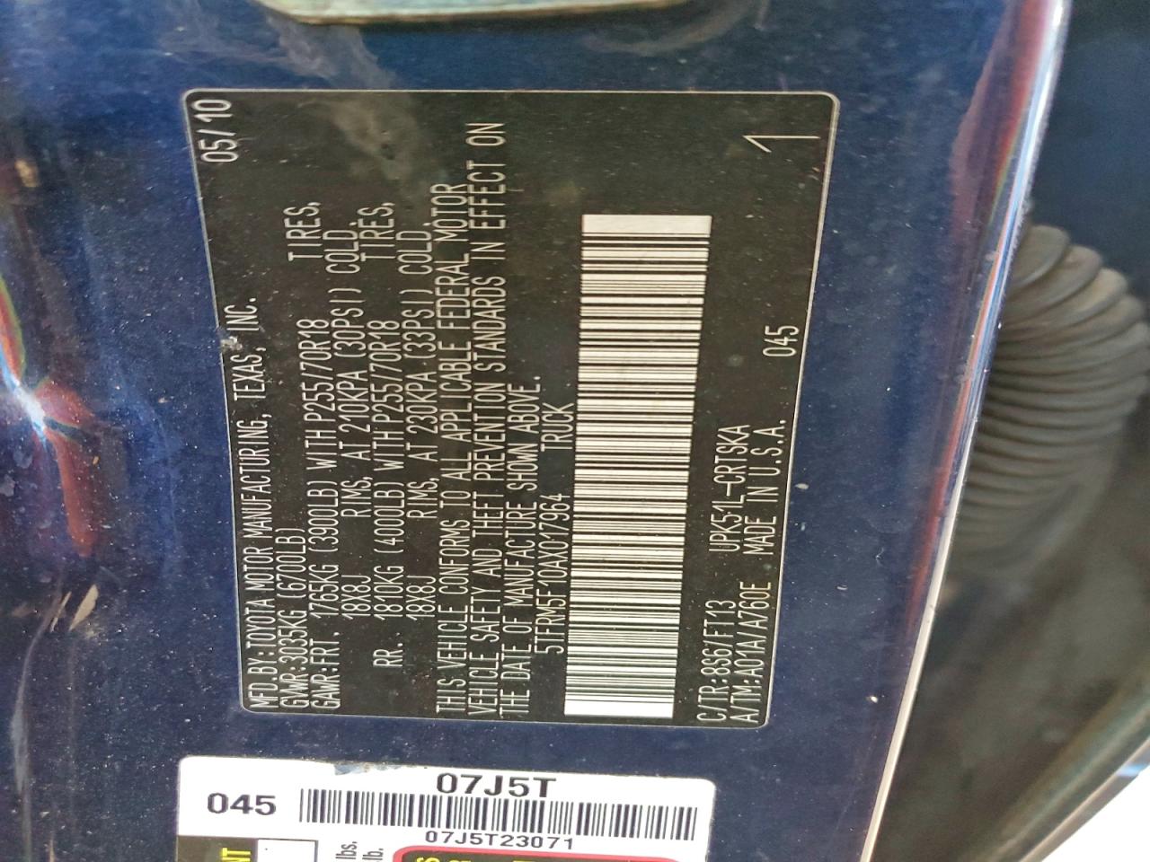 2010 Toyota Tundra Double Cab Sr5 VIN: 5TFRM5F10AX017964 Lot: 93961105