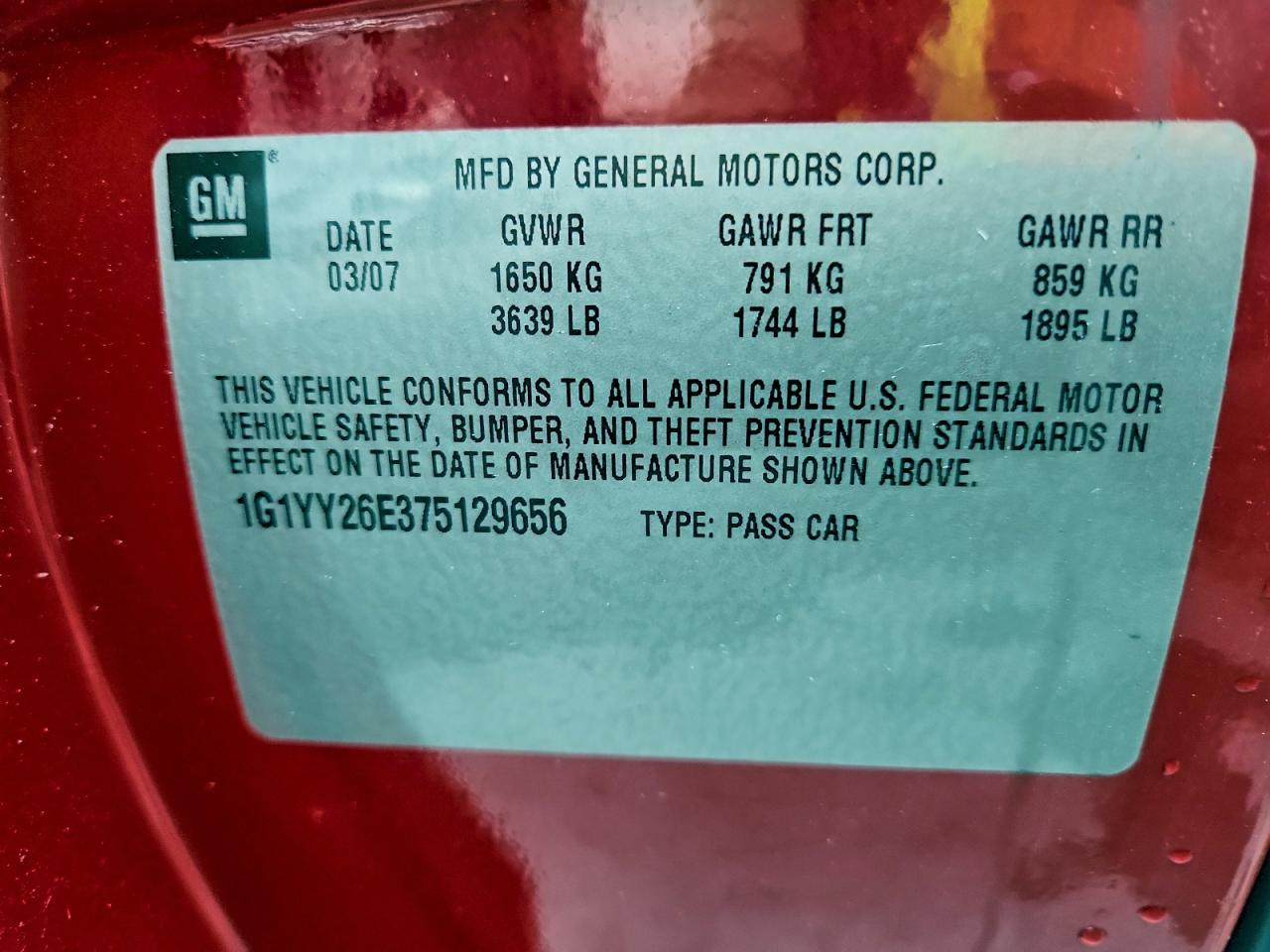 2007 Chevrolet Corvette Z06 VIN: 1G1YY26E375129656 Lot: 93431865