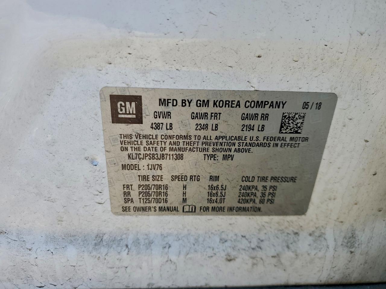 2018 Chevrolet Trax 1Lt VIN: KL7CJPSB3JB711308 Lot: 93926595