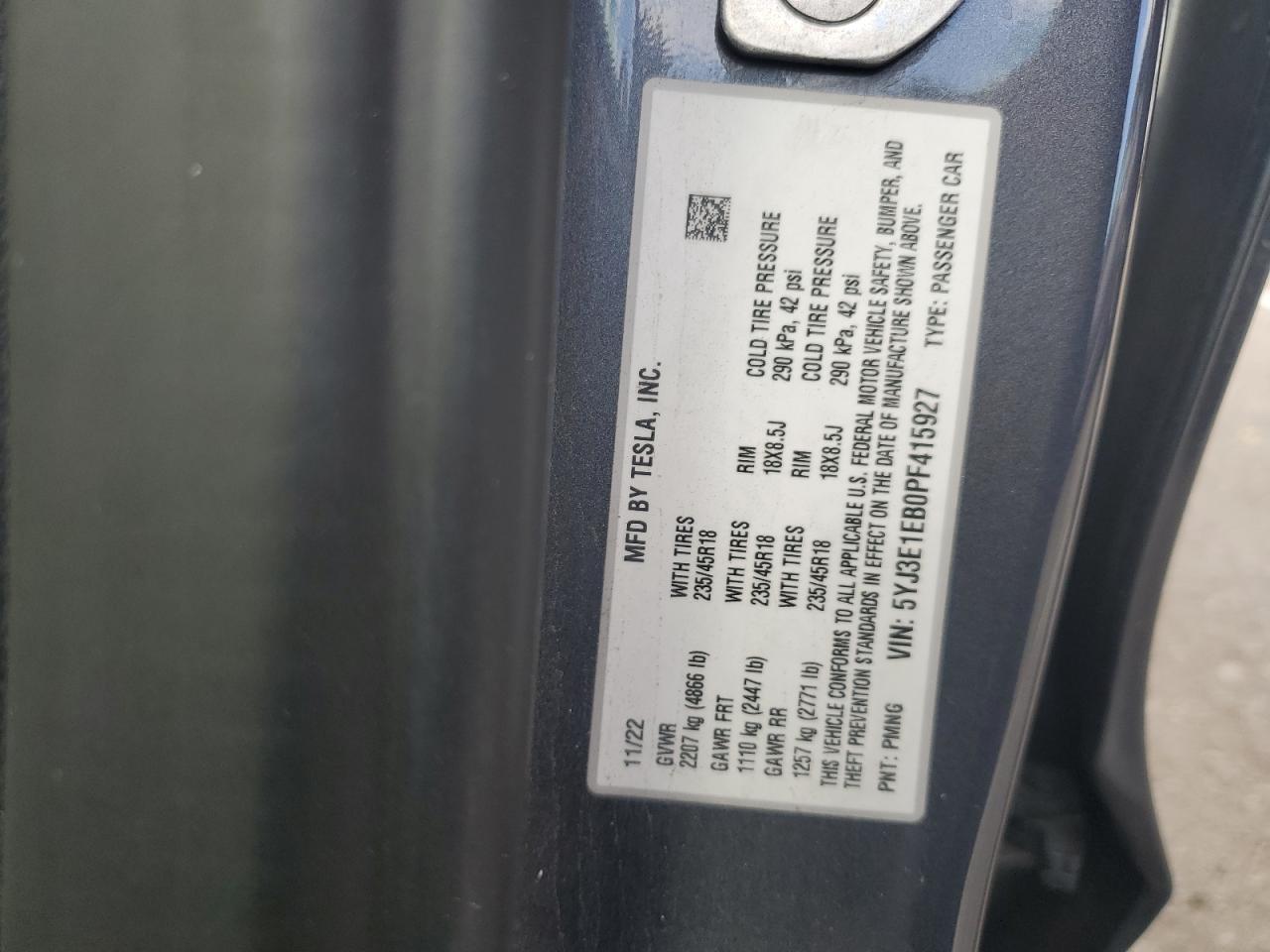 2023 Tesla Model 3 VIN: 5YJ3E1EB0PF415927 Lot: 92660415