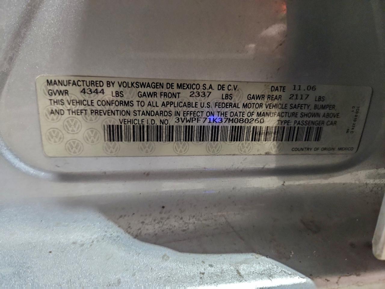 2007 Volkswagen Jetta 2.5 VIN: 3VWPF71K37M080260 Lot: 94483475