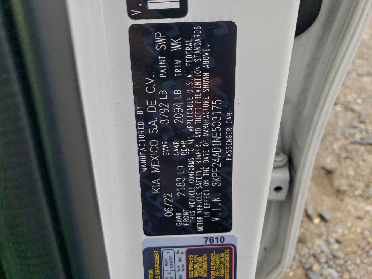 2022 Kia Forte Fe VIN: 3KPF24AD1NE503175 Lot: 94146495