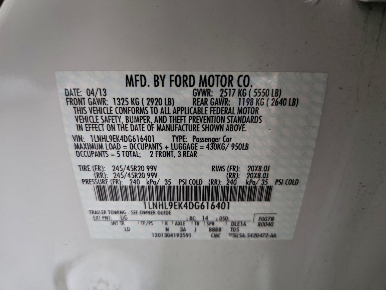 2013 Lincoln Mks VIN: 1LNHL9EK4DG616401 Lot: 94078905