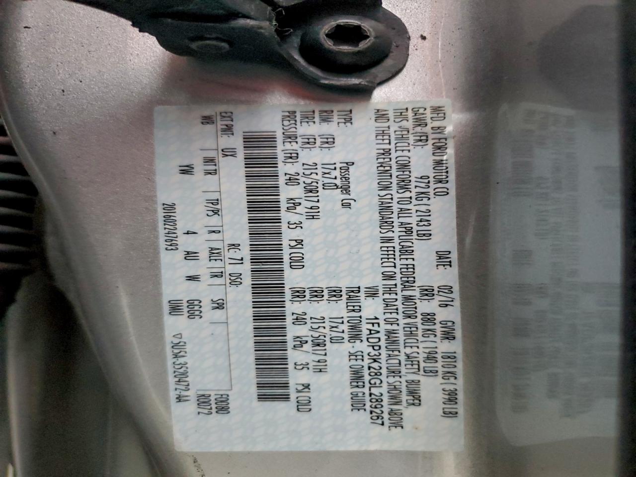 2016 Ford Focus Se VIN: 1FADP3K28GL289267 Lot: 94358185