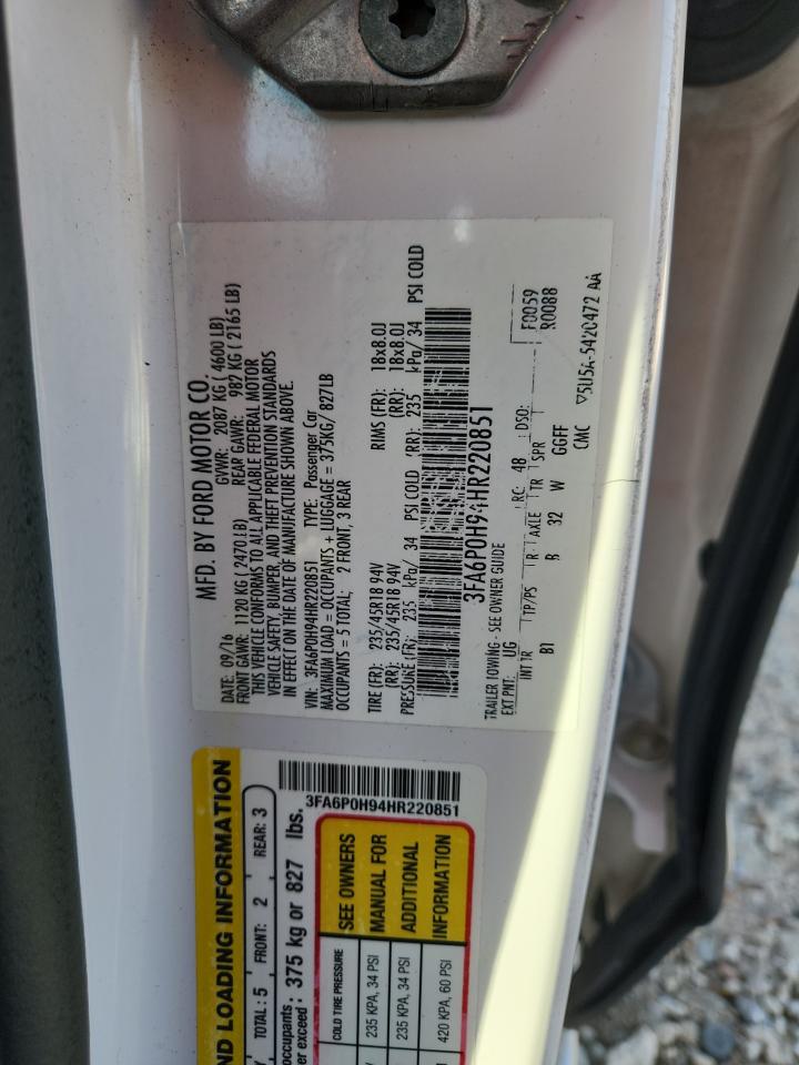 2017 Ford Fusion Se VIN: 3FA6P0H94HR220851 Lot: 92067525