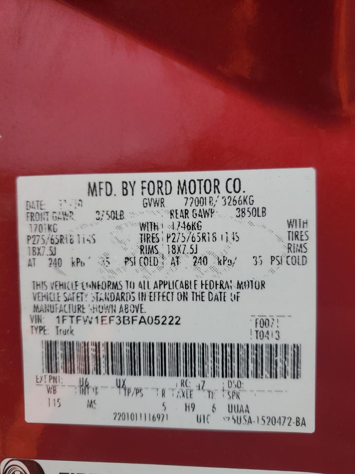 2011 Ford F150 Supercrew VIN: 1FTFW1EF3BFA05222 Lot: 93470605