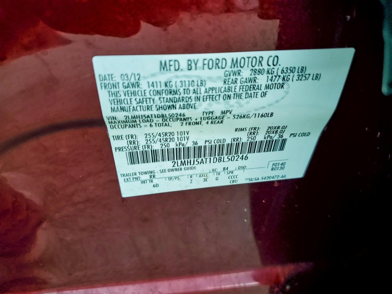 2013 Lincoln Mkt VIN: 2LMHJ5AT1DBL50246 Lot: 92748105