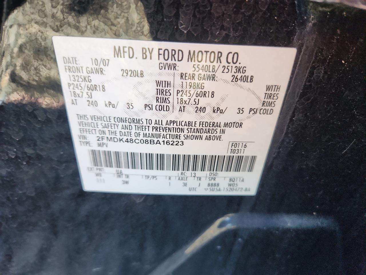 2008 Ford Edge Sel VIN: 2FMDK48C08BA16223 Lot: 91828295
