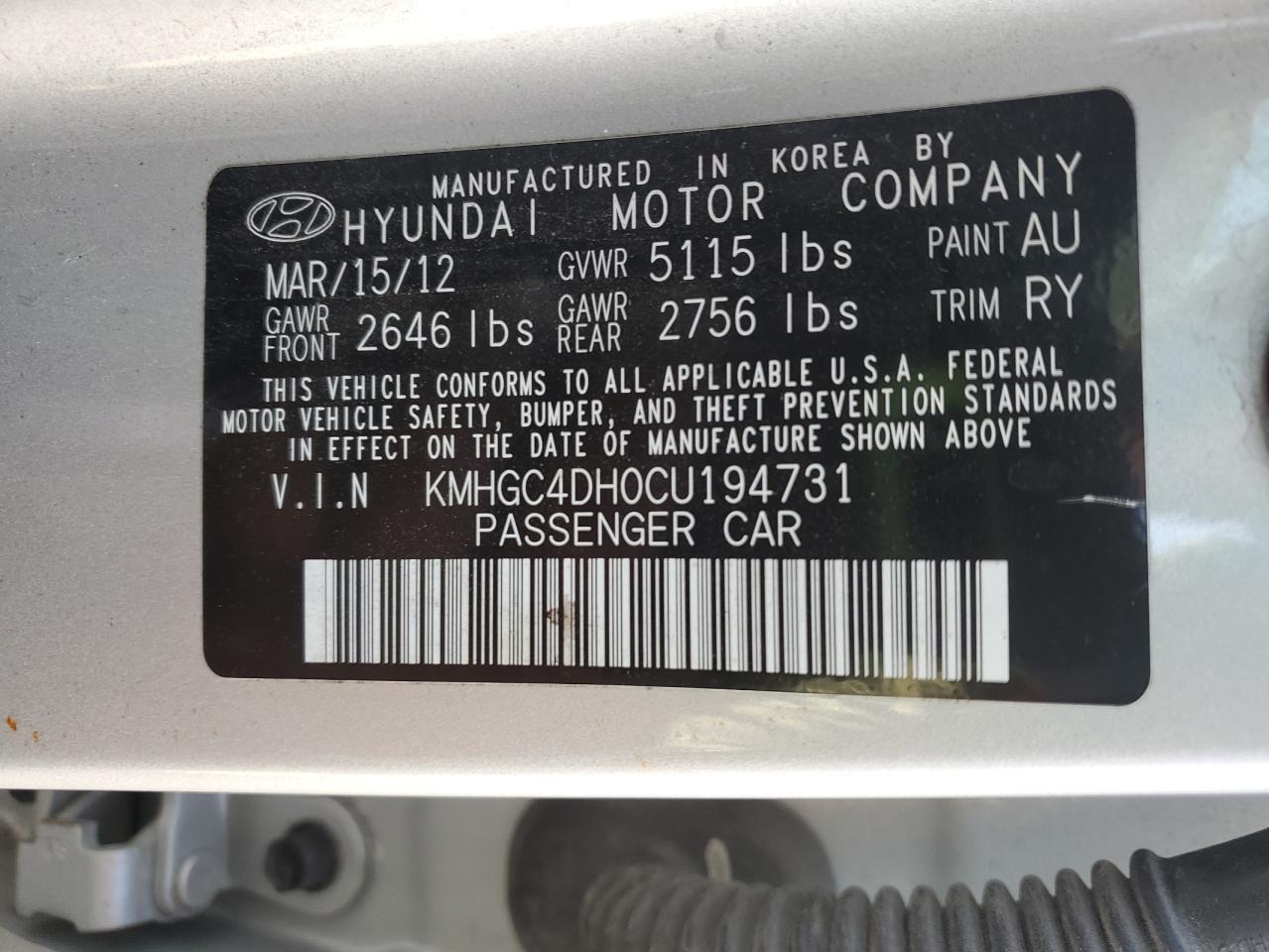 2012 Hyundai Genesis 5.0L VIN: KMHGC4DH0CU194731 Lot: 90470085