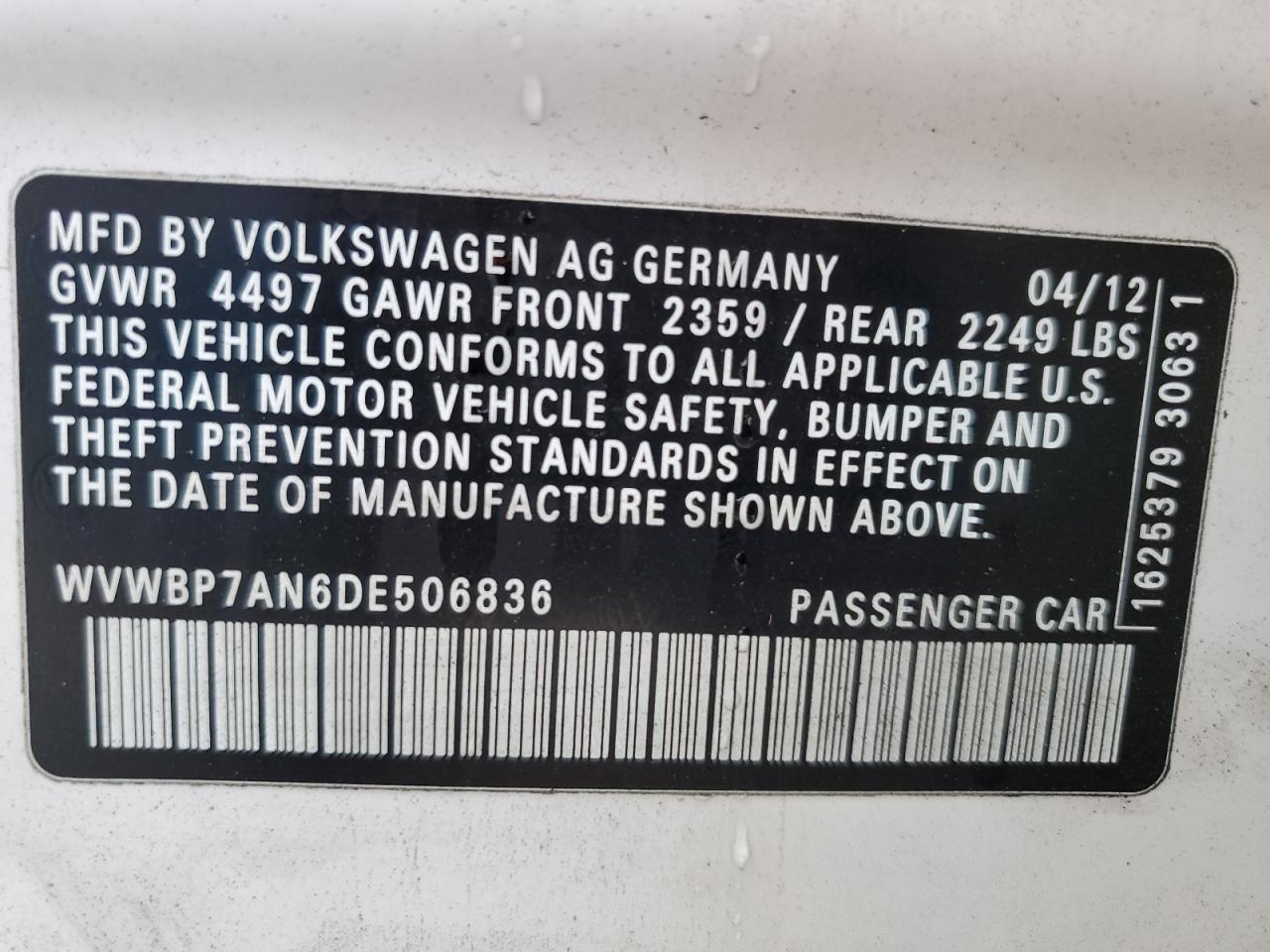 2013 Volkswagen Cc Sport VIN: WVWBP7AN6DE506836 Lot: 93194375