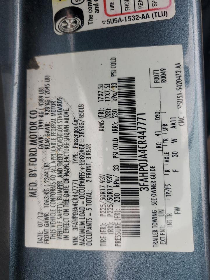 2012 Ford Fusion Sel VIN: 3FAHP0JA4CR447771 Lot: 93634395