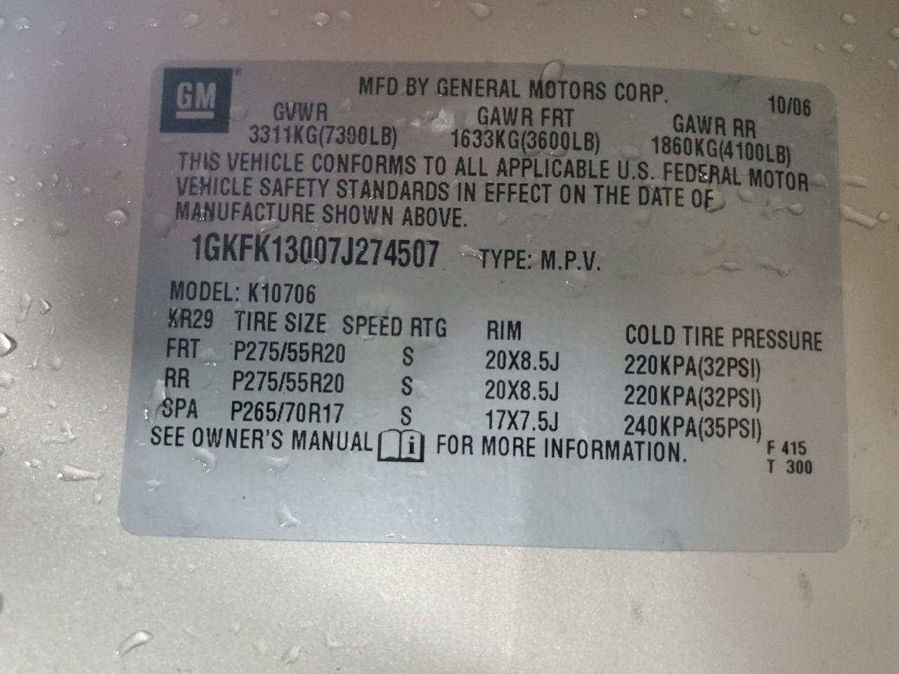 2007 GMC Yukon VIN: 1GKFK13007J274507 Lot: 92415465