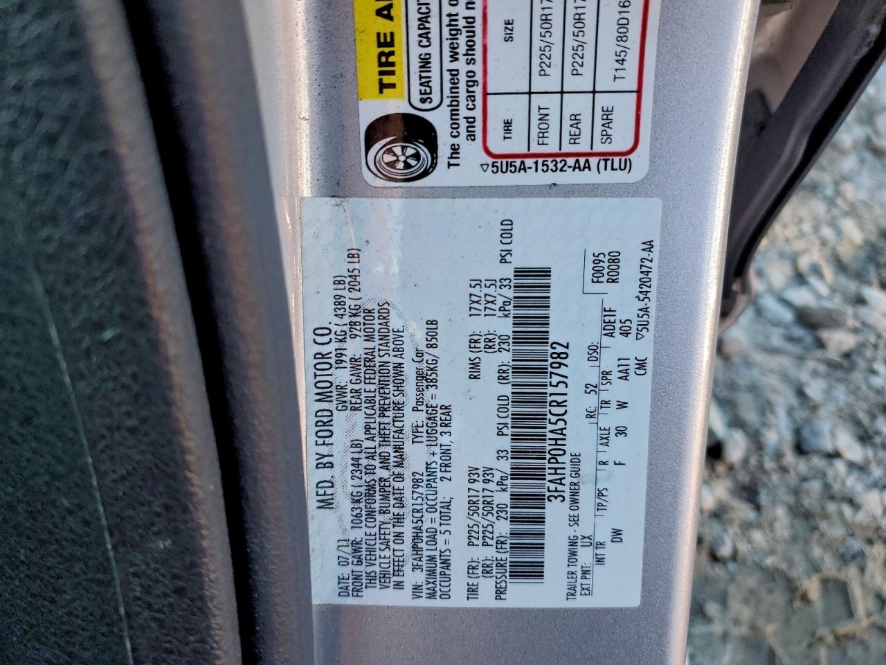 2012 Ford Fusion Se VIN: 3FAHP0HA5CR157982 Lot: 93943725