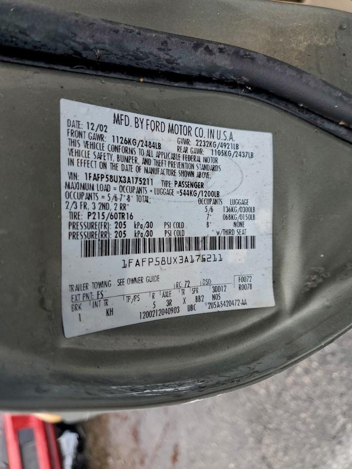 2003 Ford Taurus Se VIN: 1FAFP58UX3A175211 Lot: 93692265