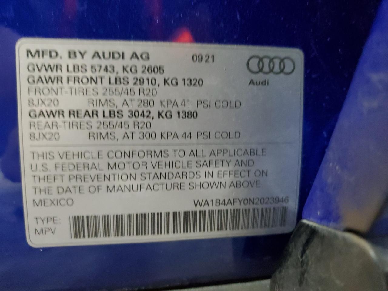 2022 Audi Sq5 Premium Plus VIN: WA1B4AFY0N2023946 Lot: 91283525