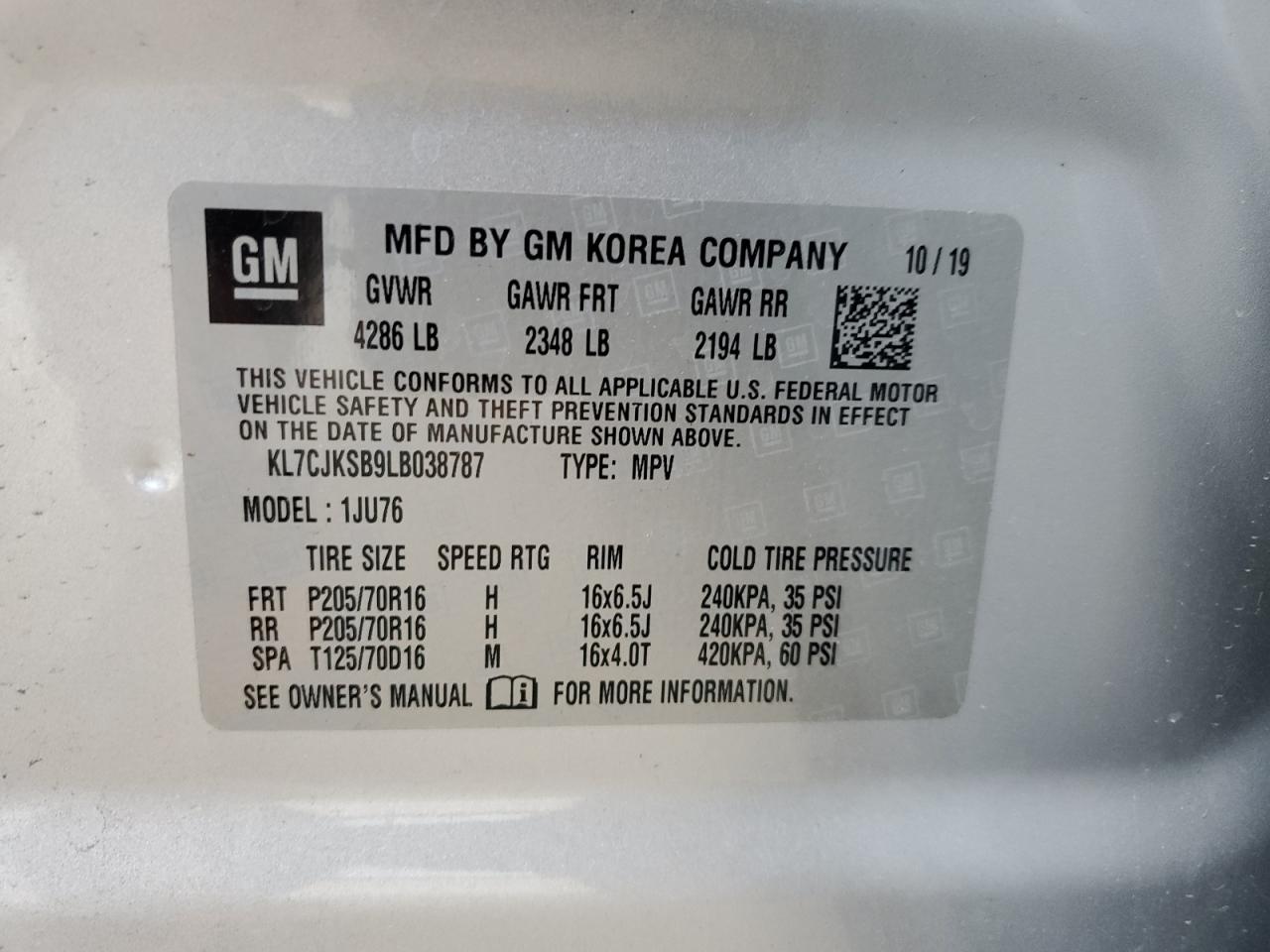 2020 Chevrolet Trax Ls VIN: KL7CJKSB9LB038787 Lot: 93010385