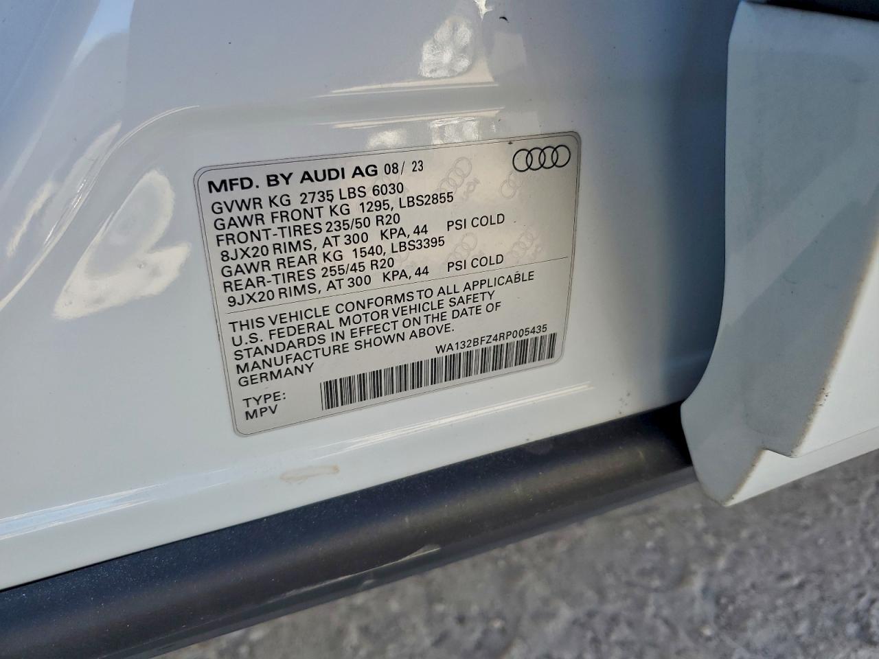 2024 Audi Q4 E-Tron Sportback Premium Plus VIN: WA132BFZ4RP005435 Lot: 85439565