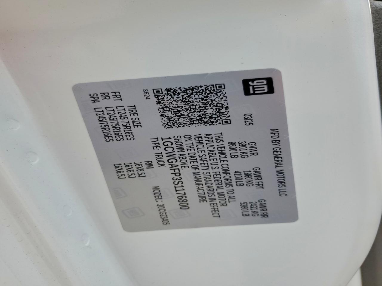 2025 Chevrolet Express G2500 VIN: 1GCWGAFP3S1176800 Lot: 94050515