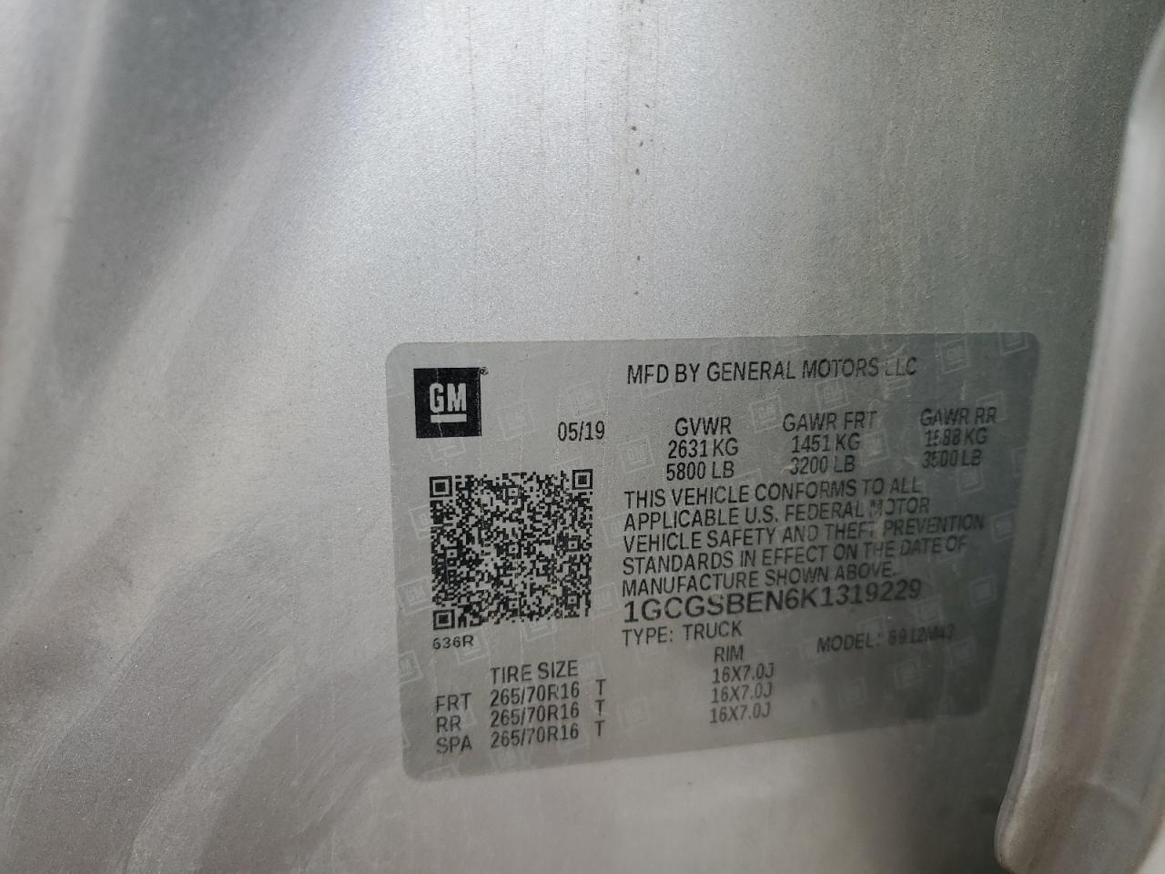 2019 Chevrolet Colorado VIN: 1GCGSBEN6K1319229 Lot: 91102075