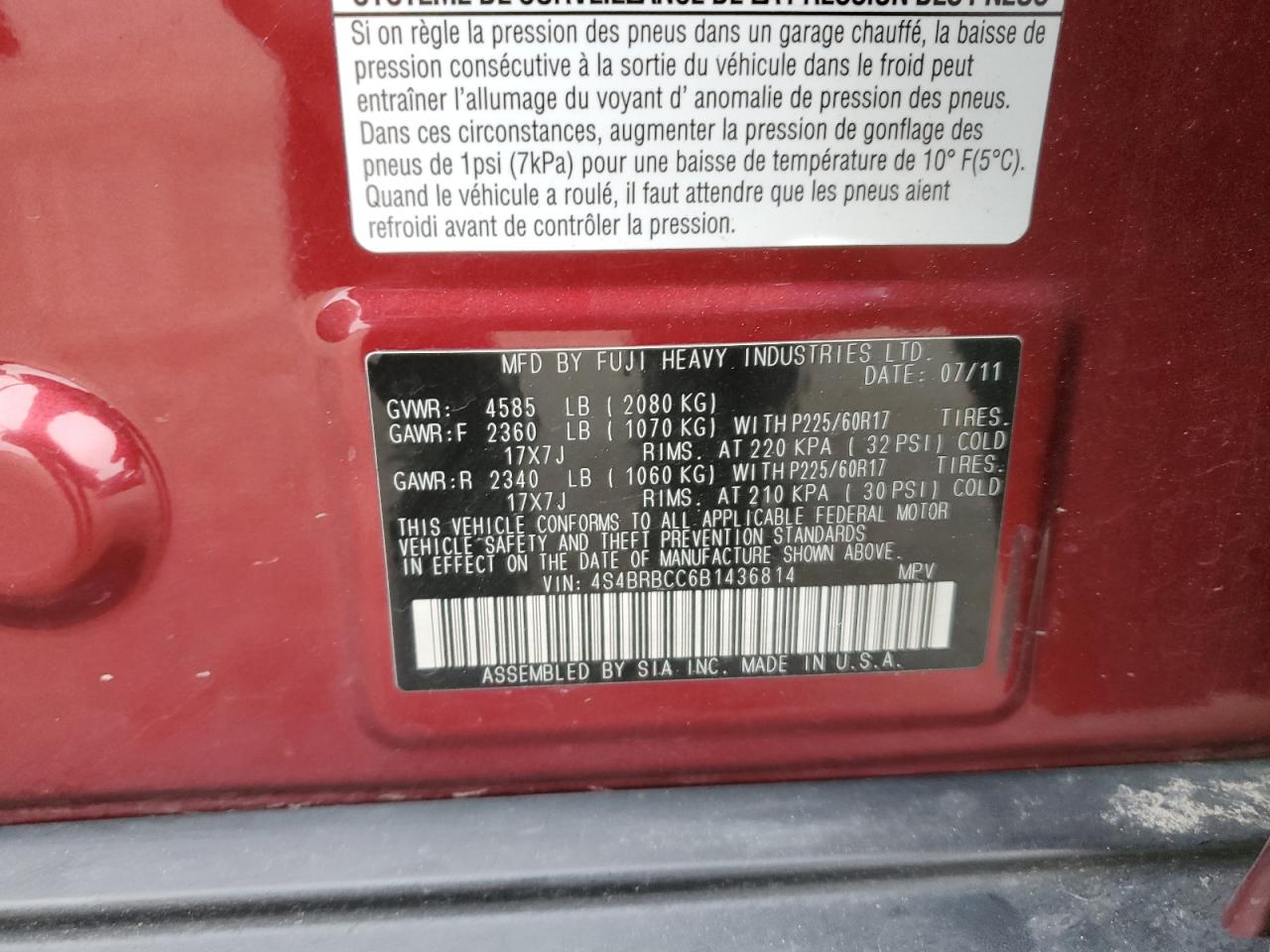 2011 Subaru Outback 2.5I Premium VIN: 4S4BRBCC6B1436814 Lot: 93747125