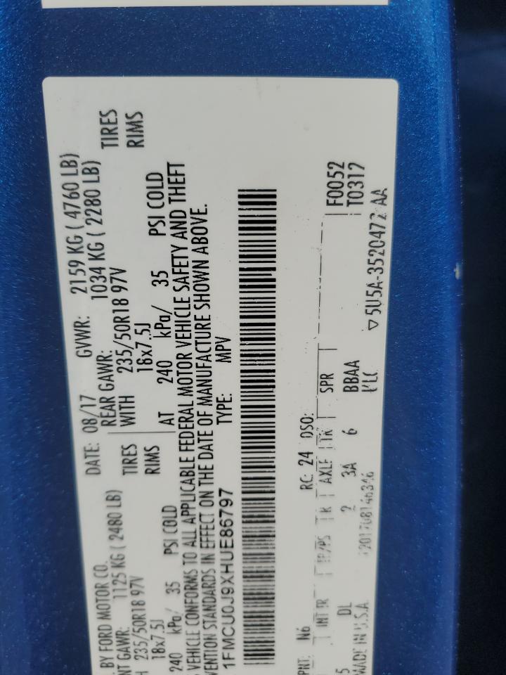 2017 Ford Escape Titanium VIN: 1FMCU0J9XHUE86797 Lot: 93416405