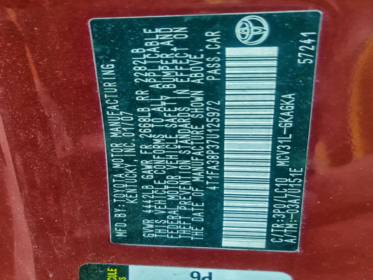 2007 Toyota Camry Solara Se VIN: 4T1FA38P37U125972 Lot: 93695005