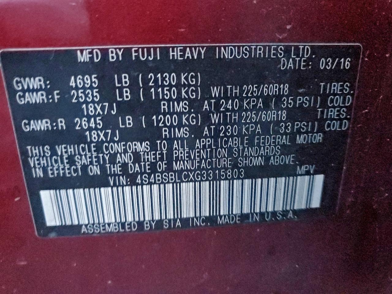 2016 Subaru Outback 2.5I Limited VIN: 4S4BSBLCXG3315803 Lot: 92704655