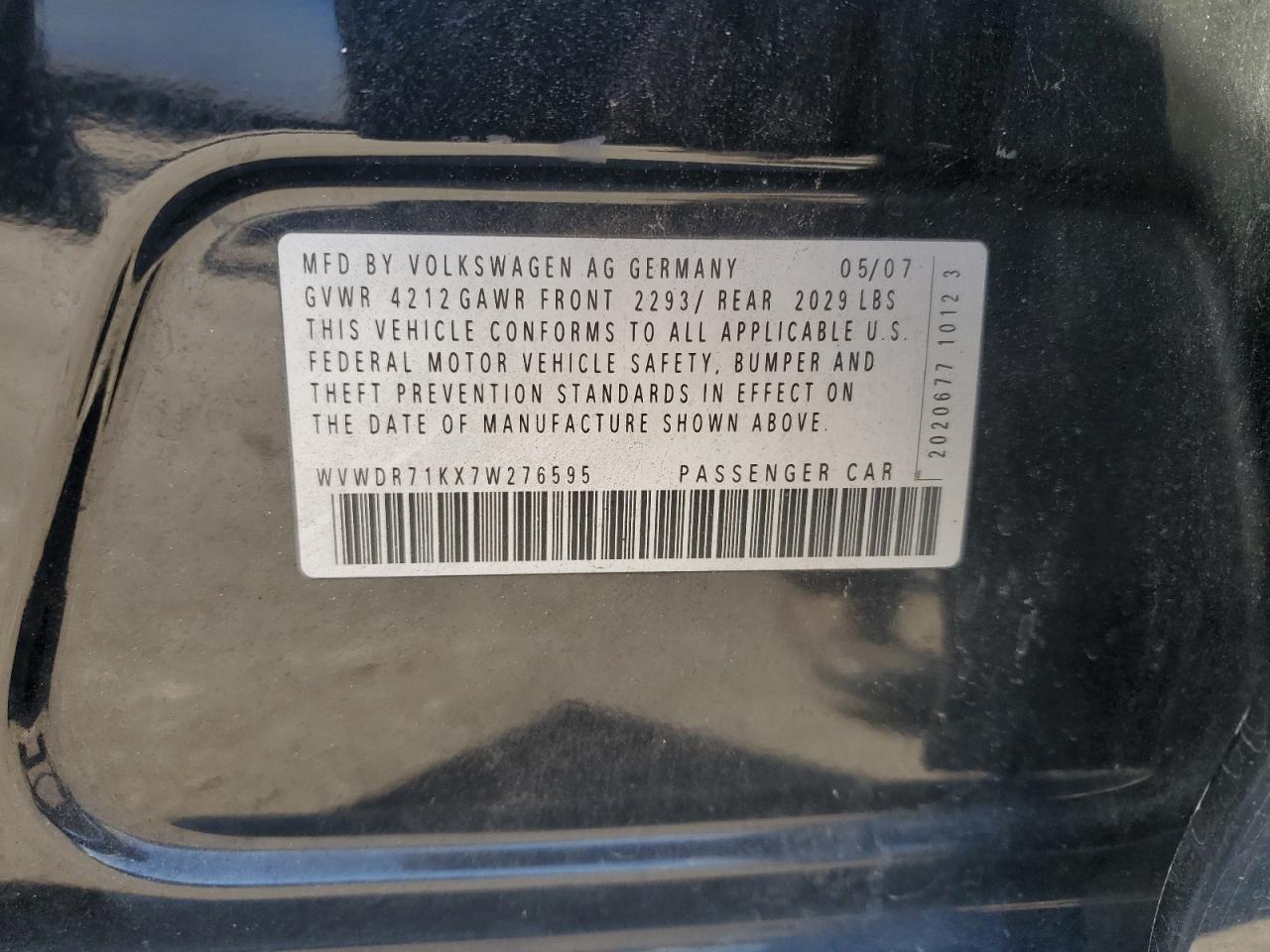 2007 Volkswagen Rabbit VIN: WVWDR71KX7W276595 Lot: 90978785