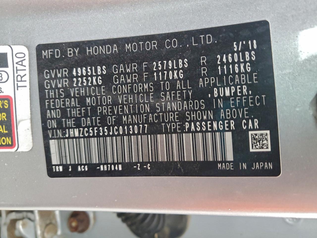 2018 Honda Clarity Touring VIN: JHMZC5F35JC013077 Lot: 93948875