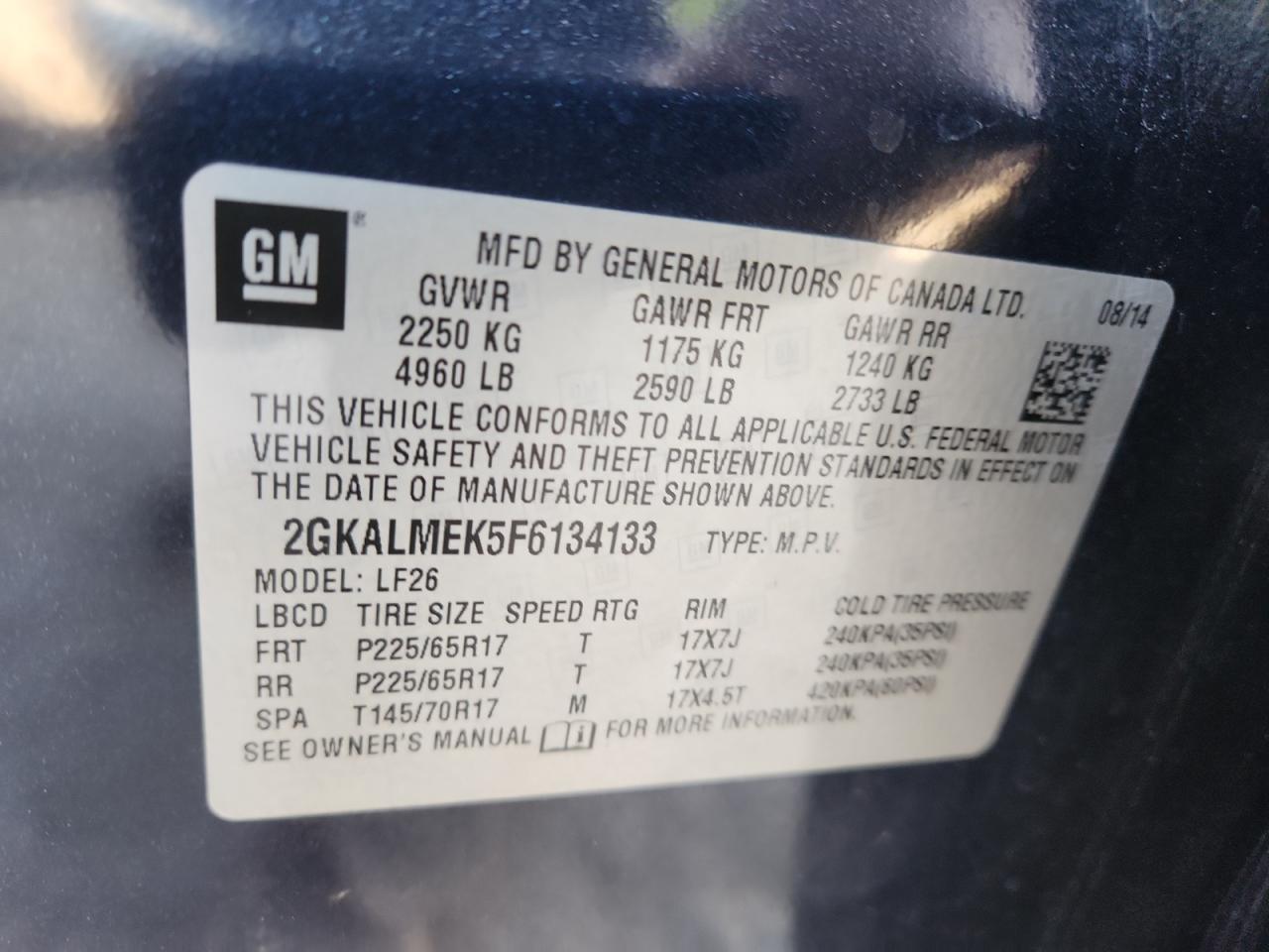 2015 GMC Terrain Sle VIN: 2GKALMEK5F6134133 Lot: 92193355