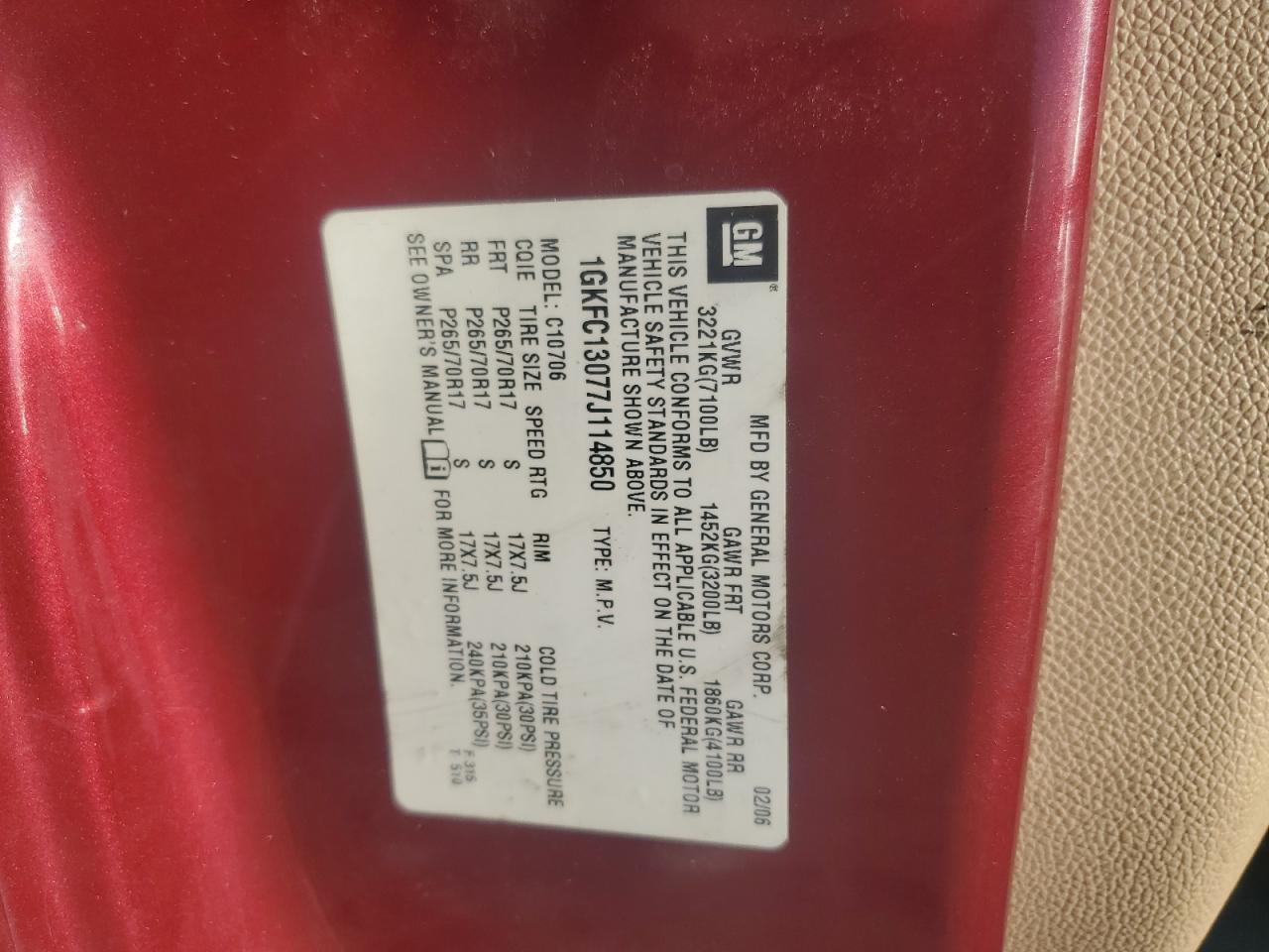 2007 GMC Yukon VIN: 1GKFC13077J114850 Lot: 93043525