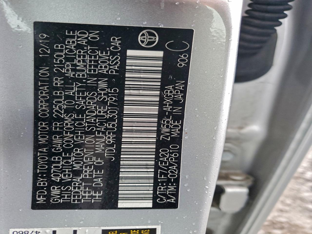 2020 Toyota Prius Le VIN: JTDL9RFU5L3017915 Lot: 94487245