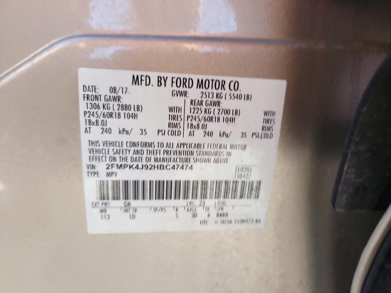 2017 Ford Edge Sel VIN: 2FMPK4J92HBC47474 Lot: 92382675