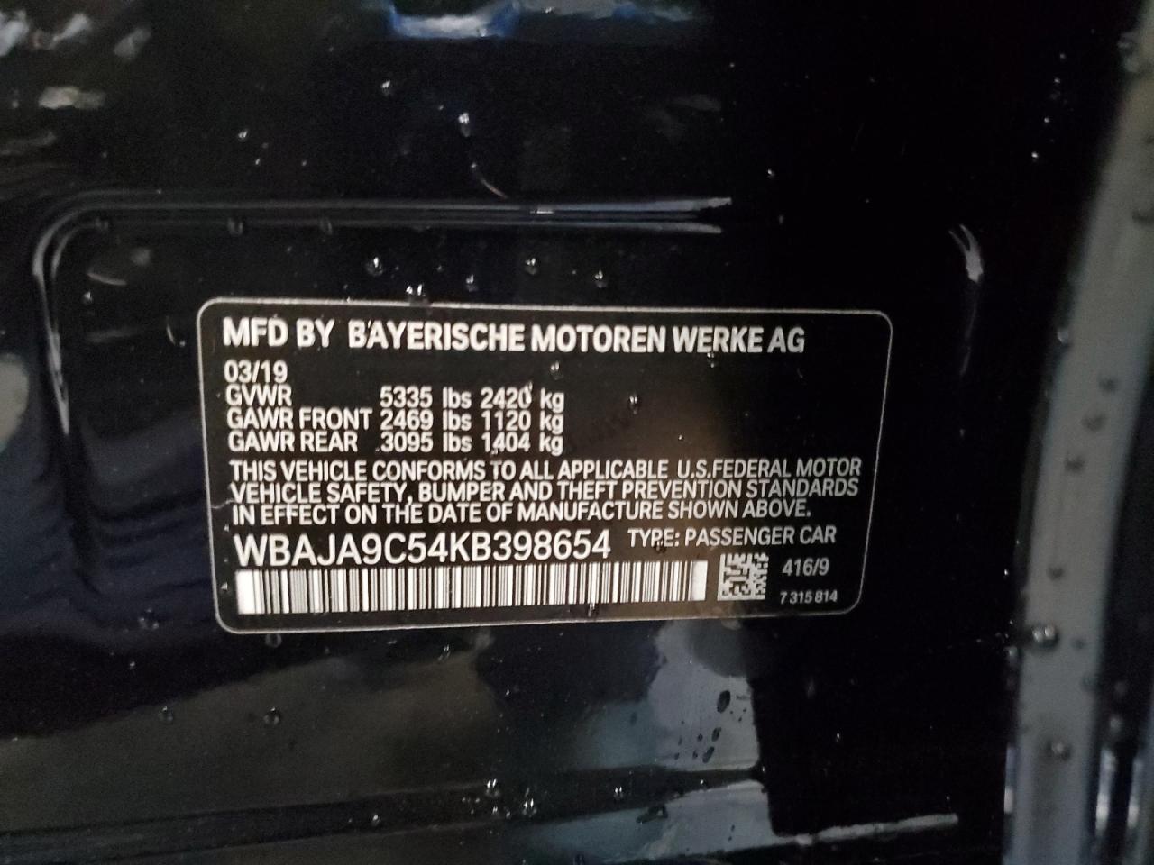 2019 BMW 530E VIN: WBAJA9C54KB398654 Lot: 93280655