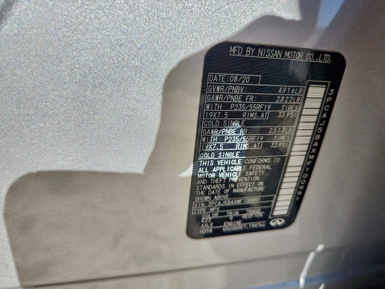 2021 Infiniti Qx50 Luxe VIN: 3PCAJ5BAXMF100991 Lot: 93328335