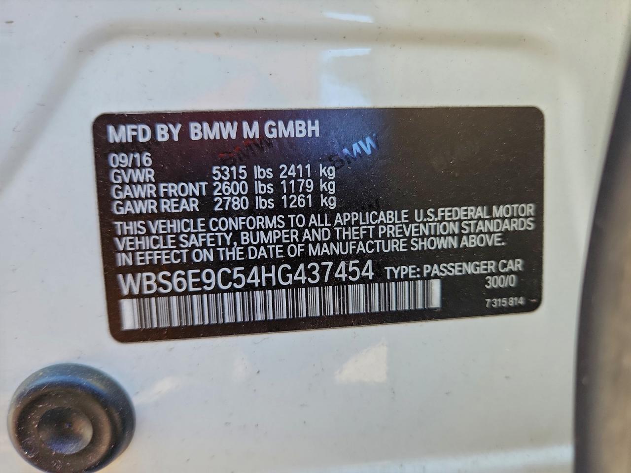 2017 BMW M6 Gran Coupe VIN: WBS6E9C54HG437454 Lot: 94077035