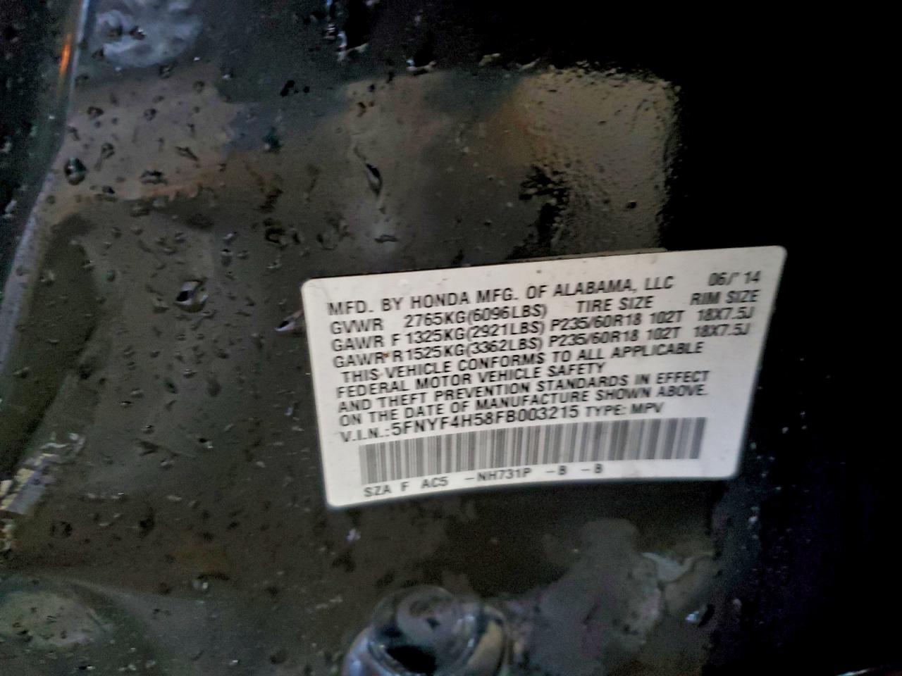 2015 Honda Pilot Exl VIN: 5FNYF4H58FB003215 Lot: 94152355