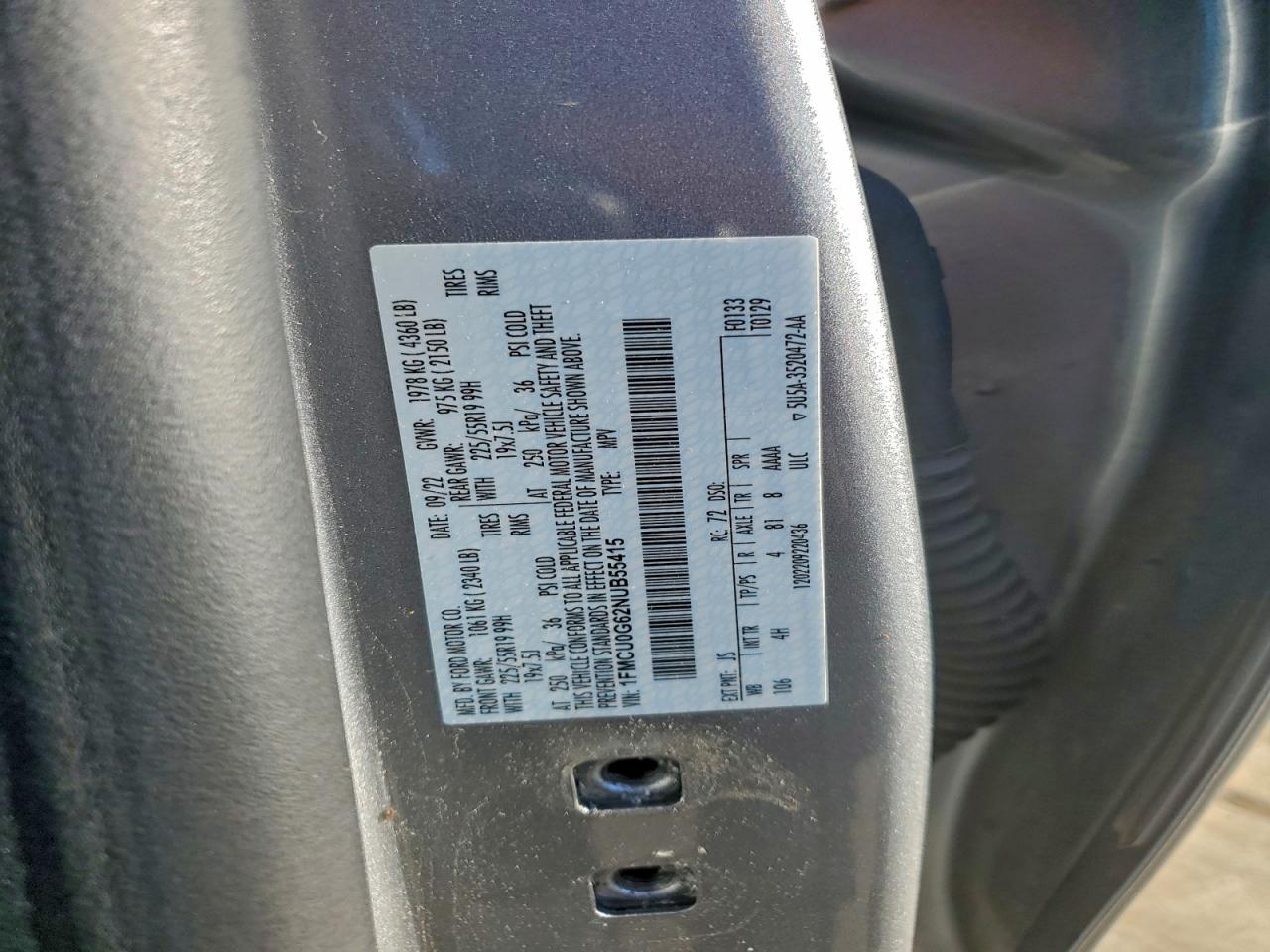 2022 Ford Escape Se VIN: 1FMCU0G62NUB55415 Lot: 93318705