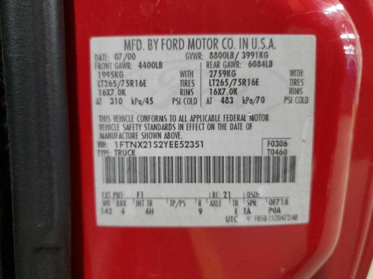 2000 Ford F250 Super Duty VIN: 1FTNX21S2YEE52351 Lot: 91788685