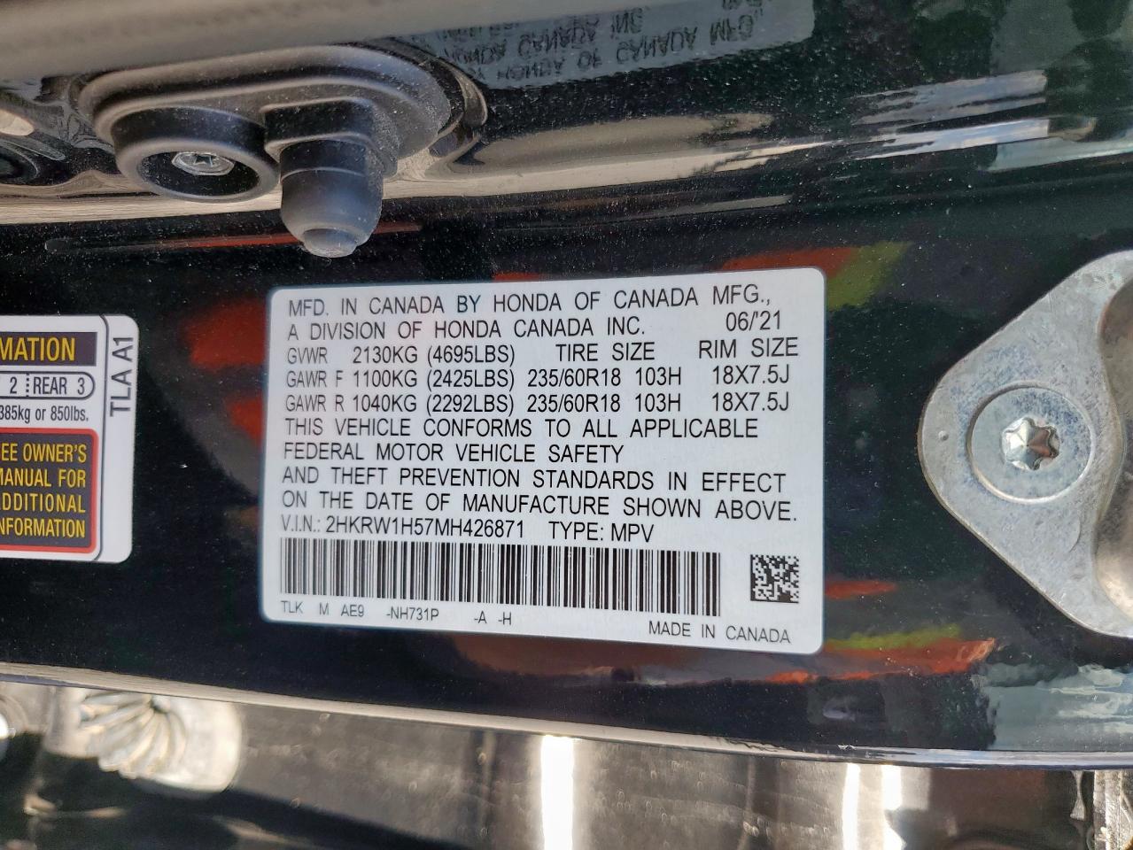 2021 Honda Cr-V Ex VIN: 2HKRW1H57MH426871 Lot: 93684635