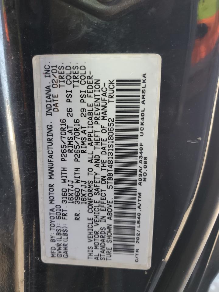 2001 Toyota Tundra Access Cab Limited VIN: 5TBBT48131S180652 Lot: 93532815