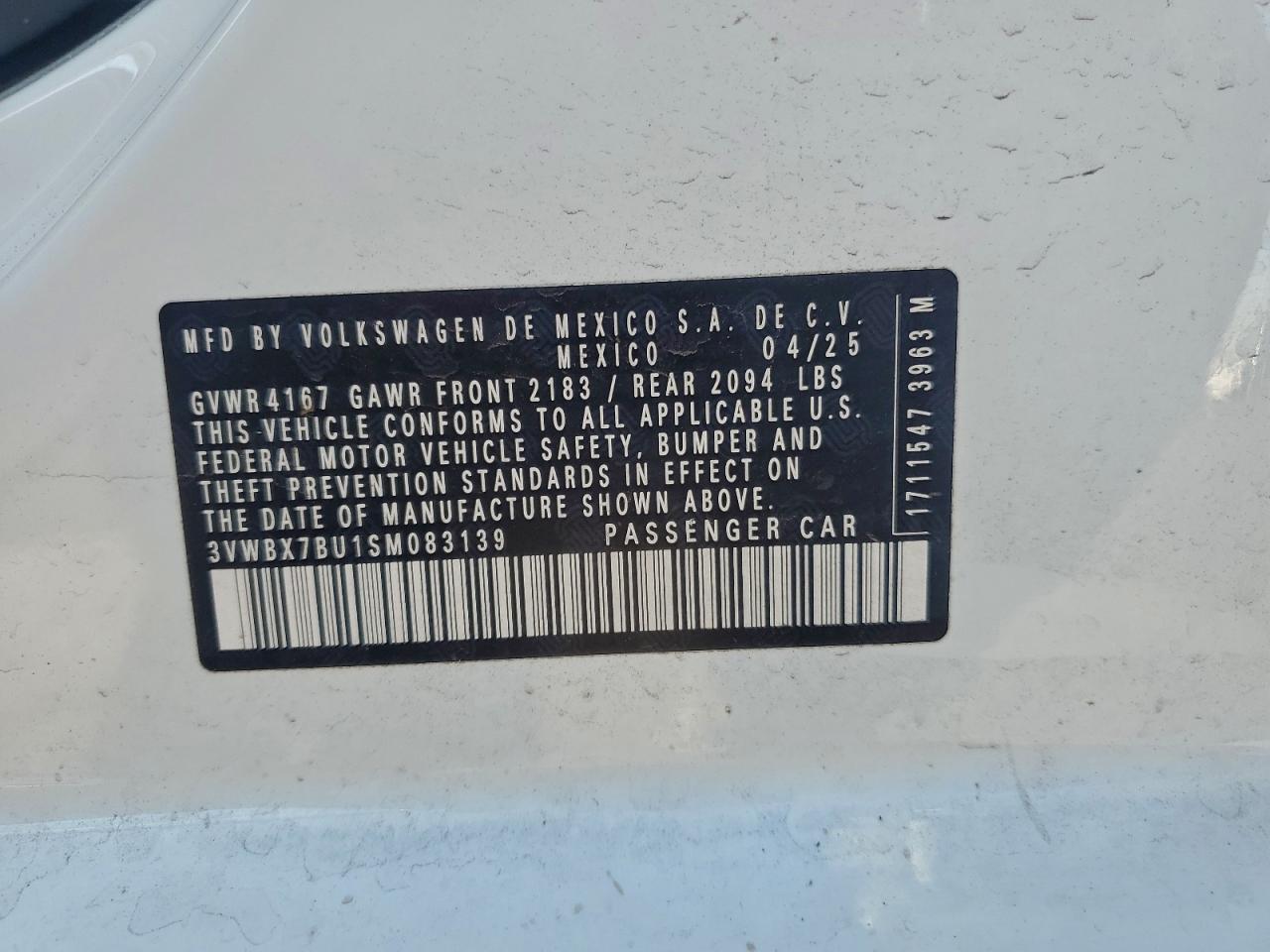 2025 Volkswagen Jetta Sport VIN: 3VWBX7BU1SM083139 Lot: 94040925