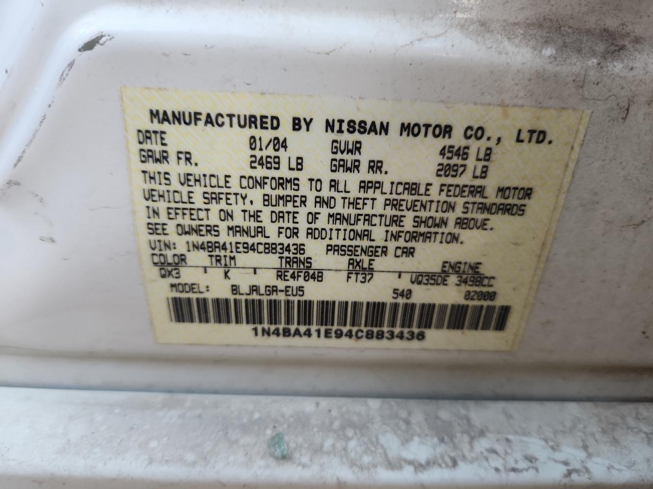 2004 Nissan Maxima Se VIN: 1N4BA41E94C883436 Lot: 91907755