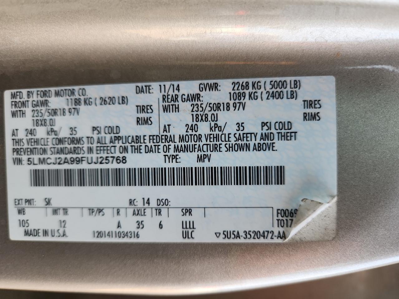 2015 Lincoln Mkc VIN: 5LMCJ2A99FUJ25768 Lot: 92443065