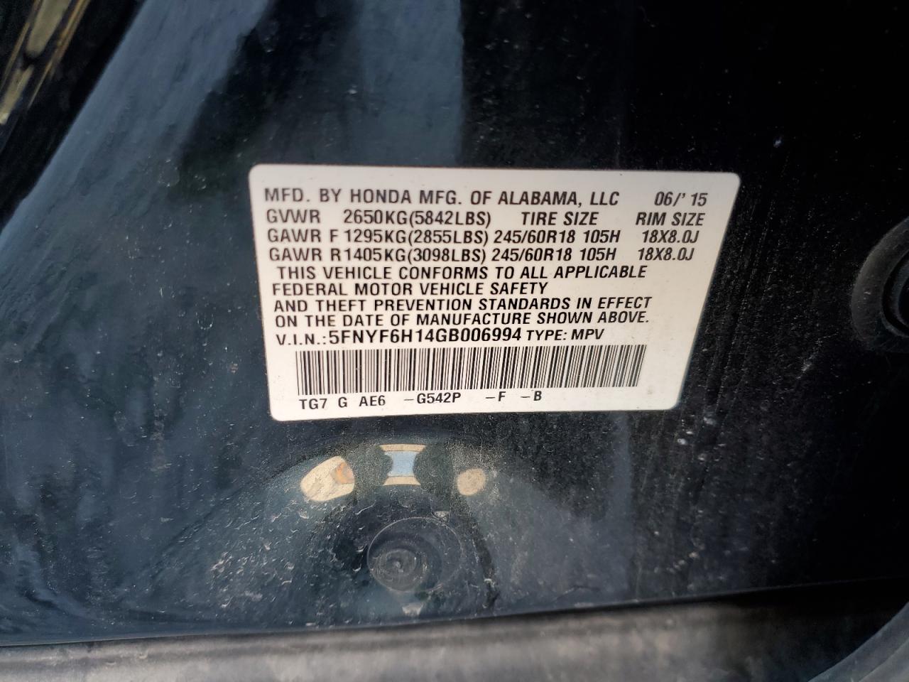 2016 Honda Pilot Lx VIN: 5FNYF6H14GB006994 Lot: 92671615