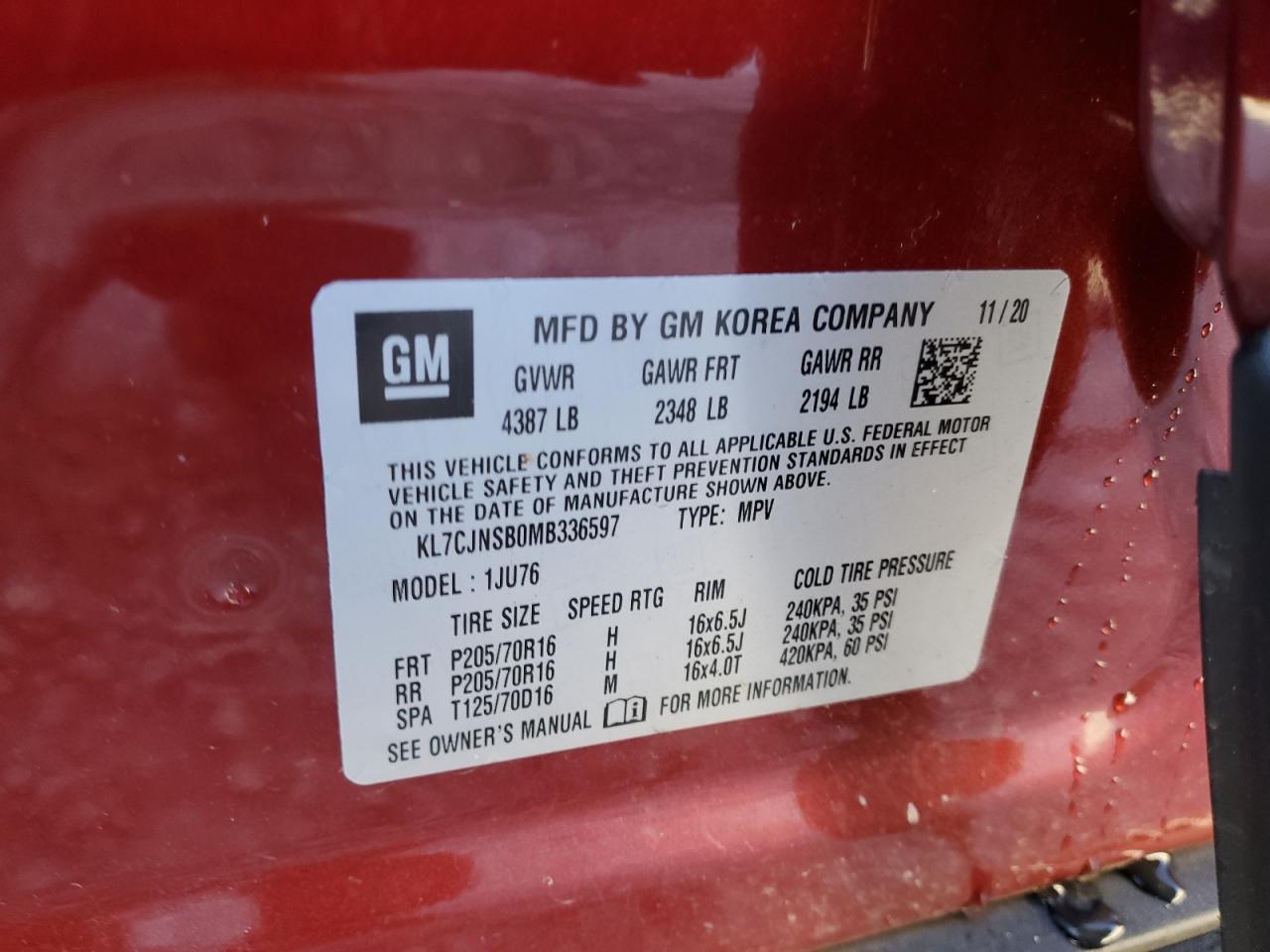 2021 Chevrolet Trax Ls VIN: KL7CJNSB0MB336597 Lot: 93065155