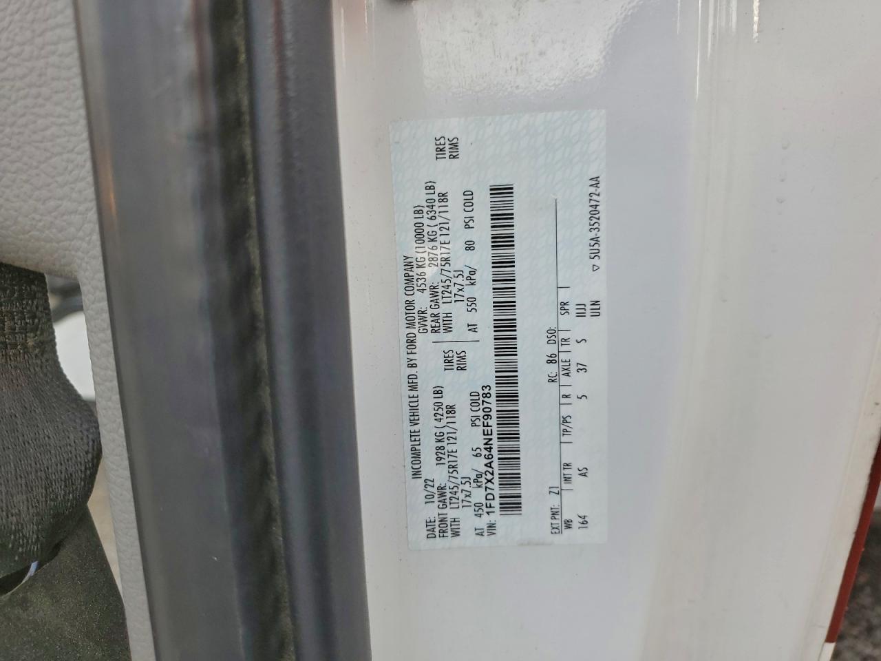 2022 Ford F250 Super Duty VIN: 1FD7X2A64NEF90783 Lot: 93037185