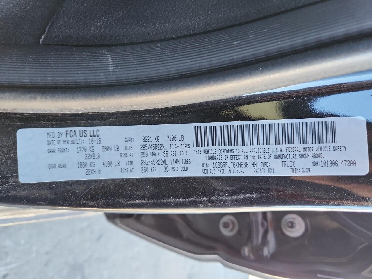 2019 Ram 1500 Laramie VIN: 1C6SRFJT6KN636199 Lot: 92537065