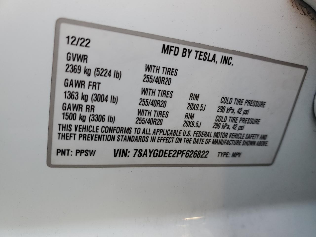 2023 Tesla Model Y VIN: 7SAYGDEE2PF626822 Lot: 91419935